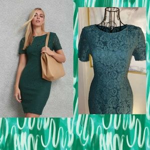 LULU'S DARK GREEN LACE "POLISHED TO PERFECTION" SHEATH DRESS~SHORT SLEEVES~SMALL